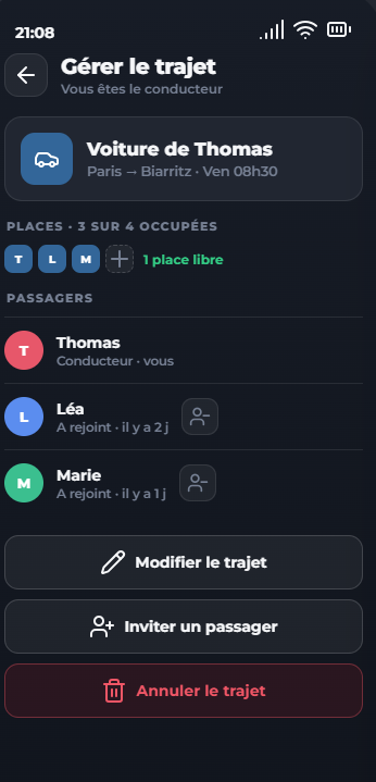 Écran de gestion d'un trajet en covoiturage dans Toby
