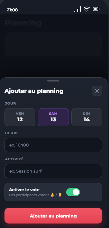 Écran Toby d'ajout d'une activité au planning avec vote activé